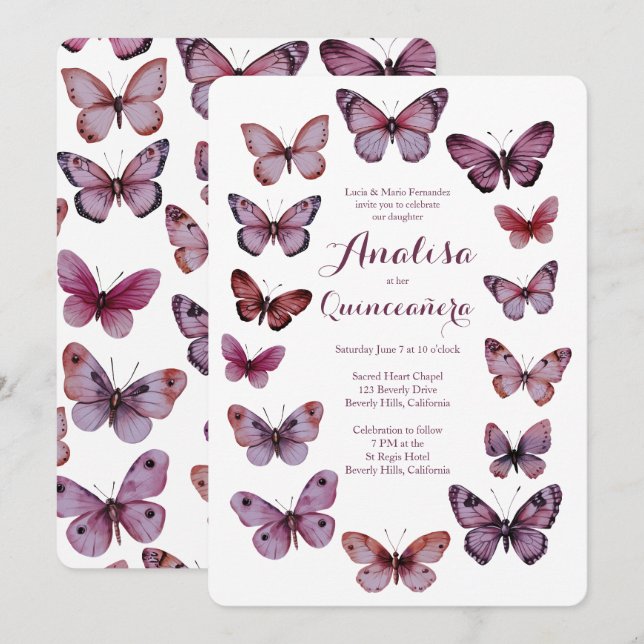 Elegant Butterflies Frame Quinceañera CUSTOM Invitation (Front/Back)