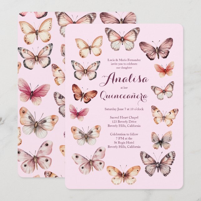 Elegant Butterflies Frame Quinceañera CUSTOM Invitation (Front/Back)