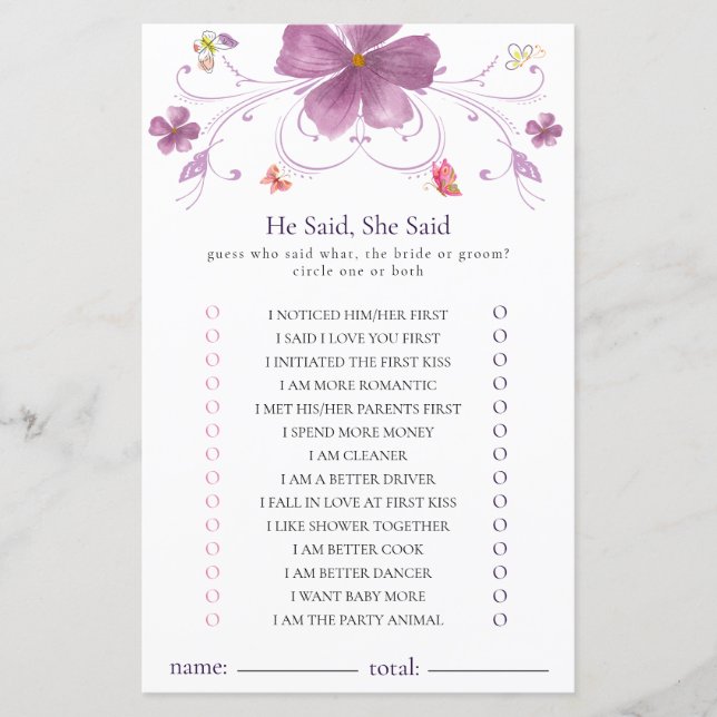 Elegant Butterflies He Said, She Said Shower Game (Front)