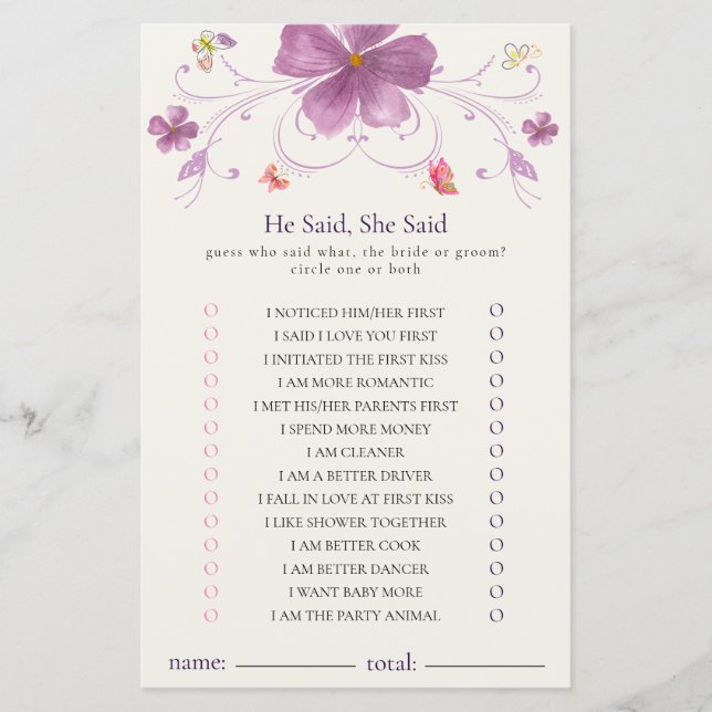 Elegant Butterflies He Said, She Said Shower Game (Front)