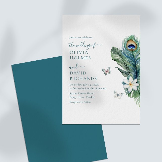 Elegant Butterflies Peacock Feather Wedding Invite (Elegant Butterflies Peacock Feather Wedding Invite on a white table.)