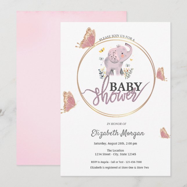 Elegant Butterflies Pink Elephant Baby Shower   Invitation (Front/Back)