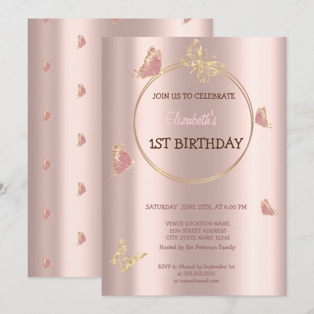 Elegant Butterflies Rose Gold Birthday  Invitation (Front/Back)