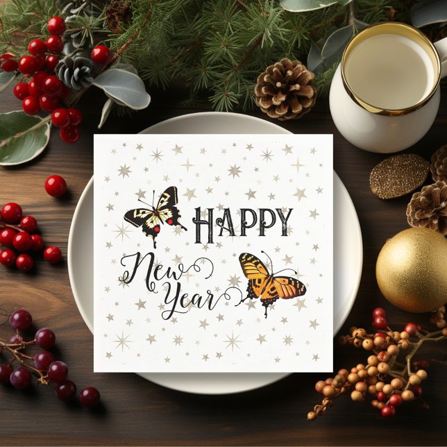   Elegant Butterflies & Stars White Happy New Year Napkin (Creator Uploaded)