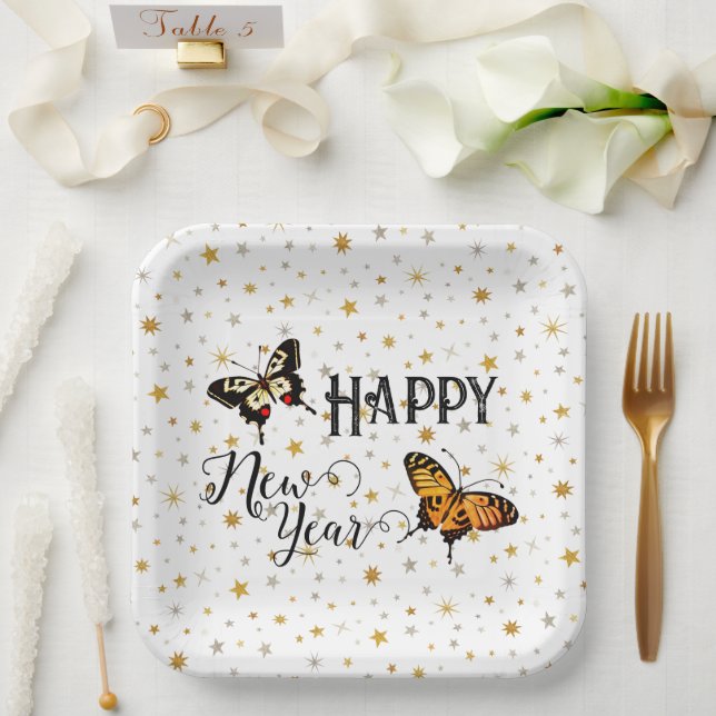   Elegant Butterflies & Stars White Happy New Year Paper Plate (Wedding)