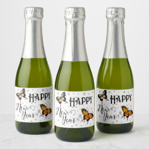 Elegant Butterflies & Stars White Happy New Year Sparkling Wine Label