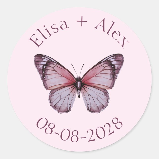 Elegant Butterflies Wedding Engagement CUSTOM Classic Round Sticker (Front)