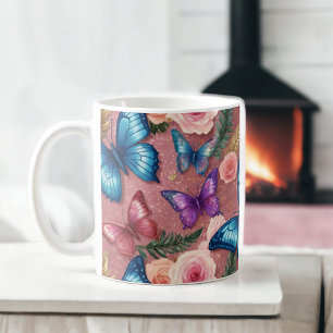 Elegant Butterfly and Floral Glitter Mug