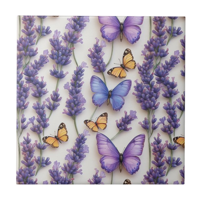 Elegant Butterfly and Lavender Design  Tile (Front)
