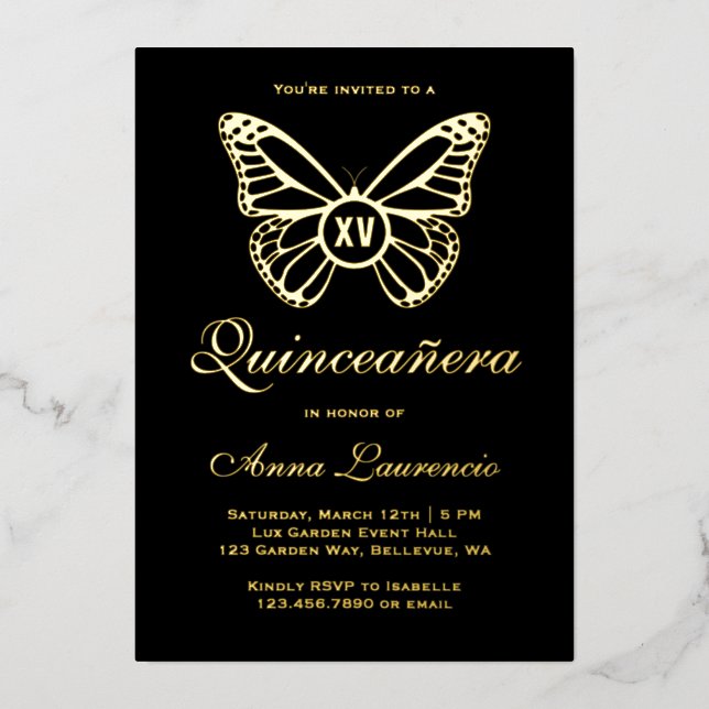 Elegant Butterfly Black And Gold XV Quinceanera (Front)