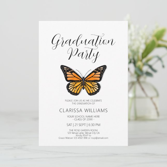 Elegant Butterfly Black & White Graduation Party Invitation (Standing Front)