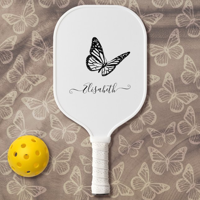 Elegant Butterfly Cute Simple Black and White Name Pickleball Paddle (Creator Uploaded)