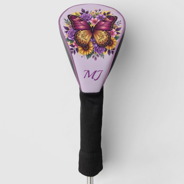 Elegant Butterfly Floral Monogram Initials Golf Head Cover (Front)