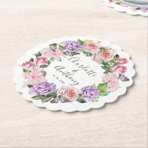 Elegant Butterfly Floral Spring Wedding Paper Coaster