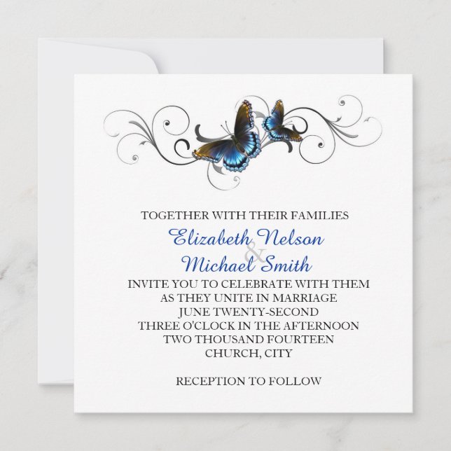 Elegant Butterfly Floral Swirls Wedding Invite (Front)