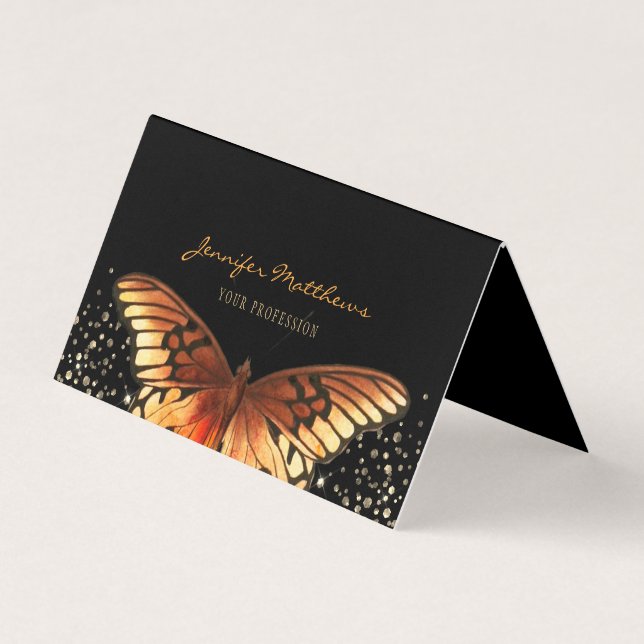 Elegant Butterfly Glitter Orange Black Business Card (Front)