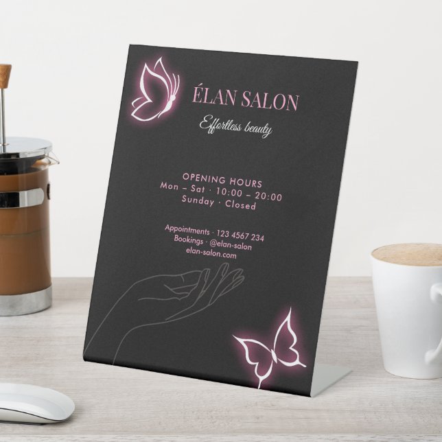 Elegant Butterfly Glow Chic Beauty Salon Pedestal Sign (In SItu)