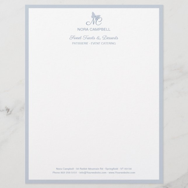 Elegant Butterfly Monogram Dusty Blue Border Custom Letterhead (Front)