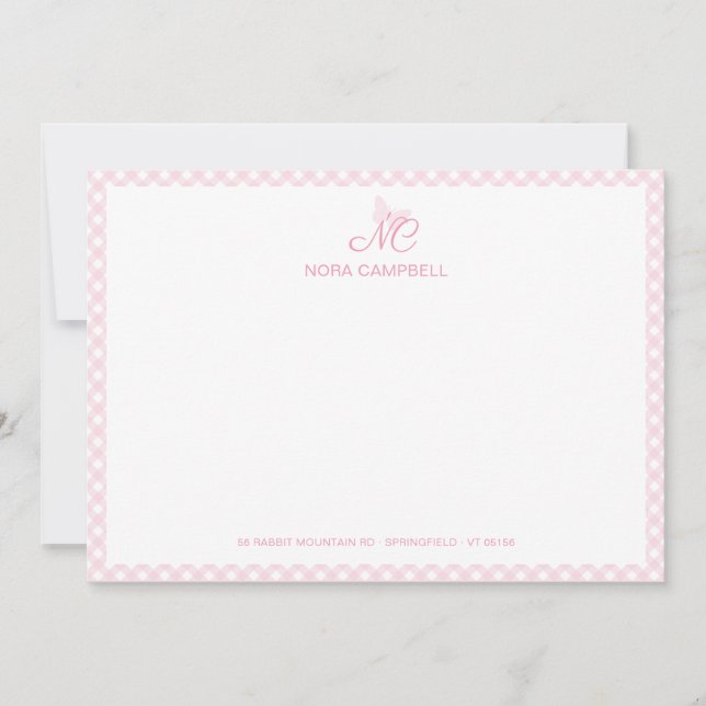 Elegant Butterfly Monogram Girly Baby Pink Gingham Card (Front)