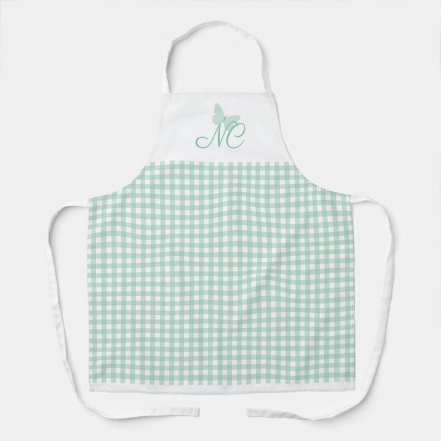 Elegant Butterfly Monogram Mint Gingham Checks Apron (Front)
