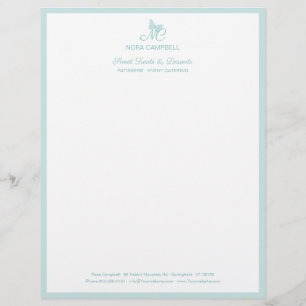Elegant Butterfly Monogram Pastel Turquoise Border Custom Letterhead