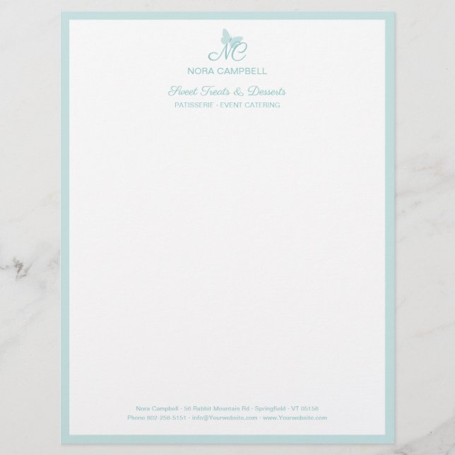 Elegant Butterfly Monogram Pastel Turquoise Border Custom Letterhead (Front)