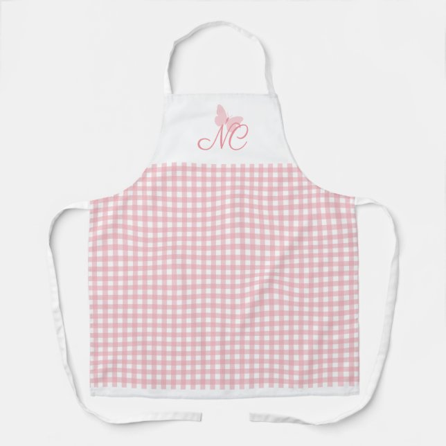 Elegant Butterfly Monogram Peach Pink Gingham Apron (Front)