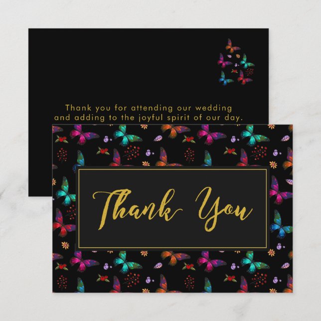 Elegant Butterfly Pattern on Black Wedding Thanks Invitation (Front/Back)