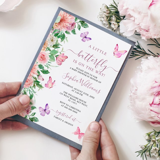 Elegant Butterfly Pink & Purple Floral Baby Shower Invitation (Creator Uploaded)