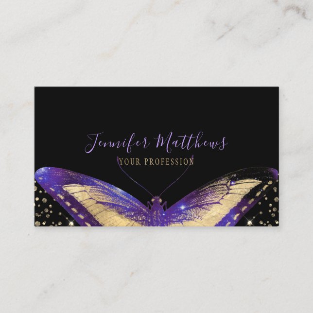 Elegant Butterfly Purple Gold Glitter Business Card (Front)