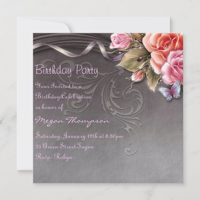 Elegant Butterfly & Roses Birthday Invitation (Front)