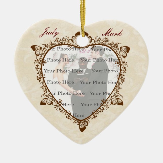 Elegant Butterfly Wedding Photo Heart Ornament (Front)