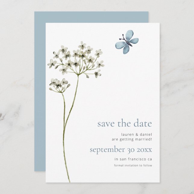 Elegant Butterfly Wildflower QR Code Blue Wedding Save The Date (Front/Back)