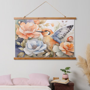 Elegant Butterfly Winged Bird and Blooms Art  Hanging Tapestry