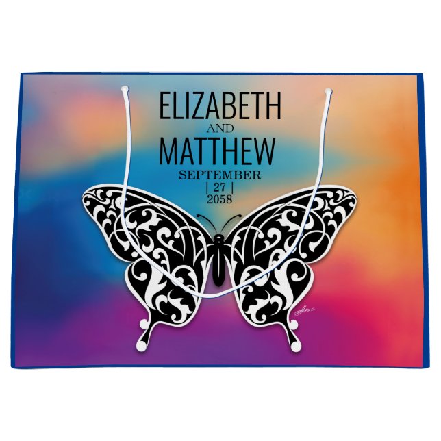Elegant Buttterfly and Colourful Sunset Design Large Gift Bag (Front)