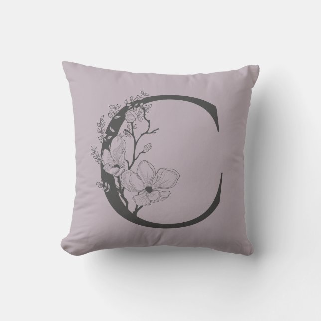 Elegant C Boho Floral Monogram Initial Lilac Grey Cushion (Front)