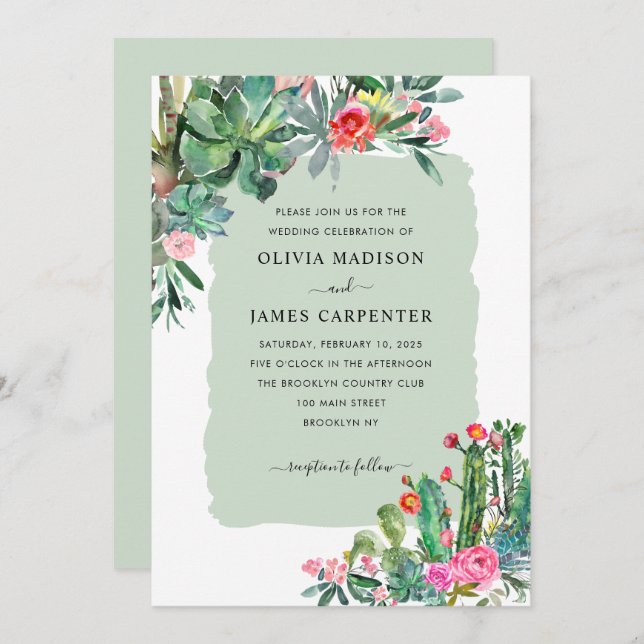 Elegant Cactus Succulent Greenery Floral Wedding Invitation (Front/Back)