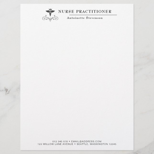 Elegant Caduceus Nurse Practitioner Custom Letterhead (Front)