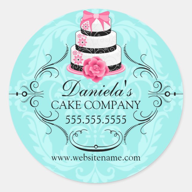 Elegant Cake and Damask Bakery Box Seals (Front)