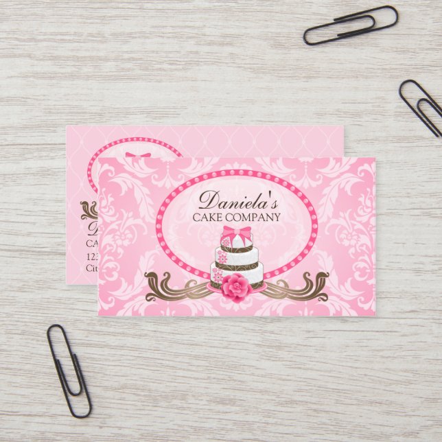 Elegant Cake Bakery Damask Business Card (Front/Back In Situ)