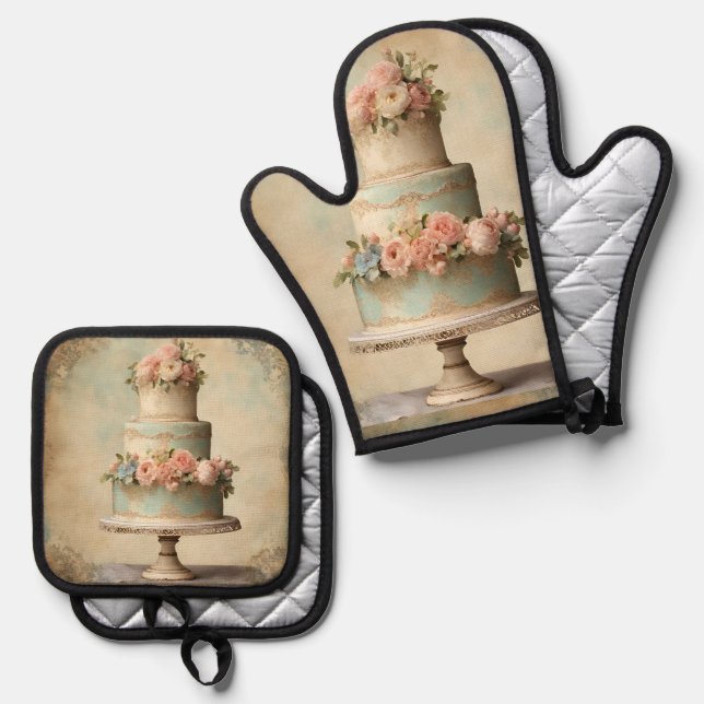 Elegant Cake Bakery Pastry Chef Baker Baking Oven Mitt & Pot Holder Set (Front/Back)