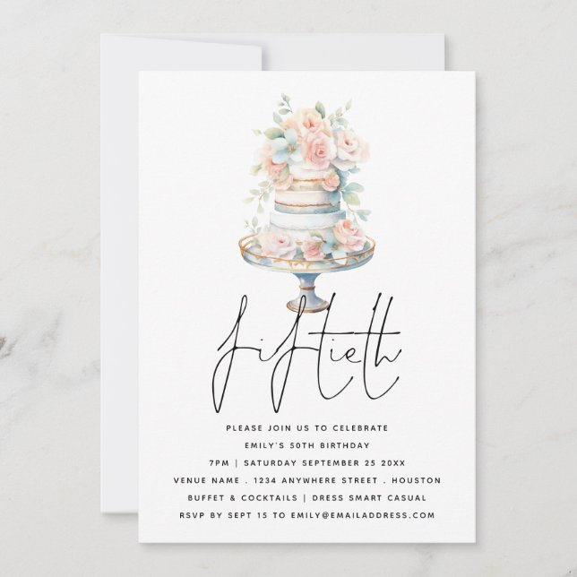 Elegant Cake Dusty Pink Peach Script 50th Birthday Invitation (Front)