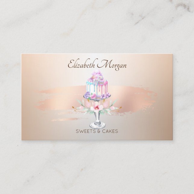 Elegant Cake Flower Rose Gold Brush Stroke Bakery Business Card (Front)