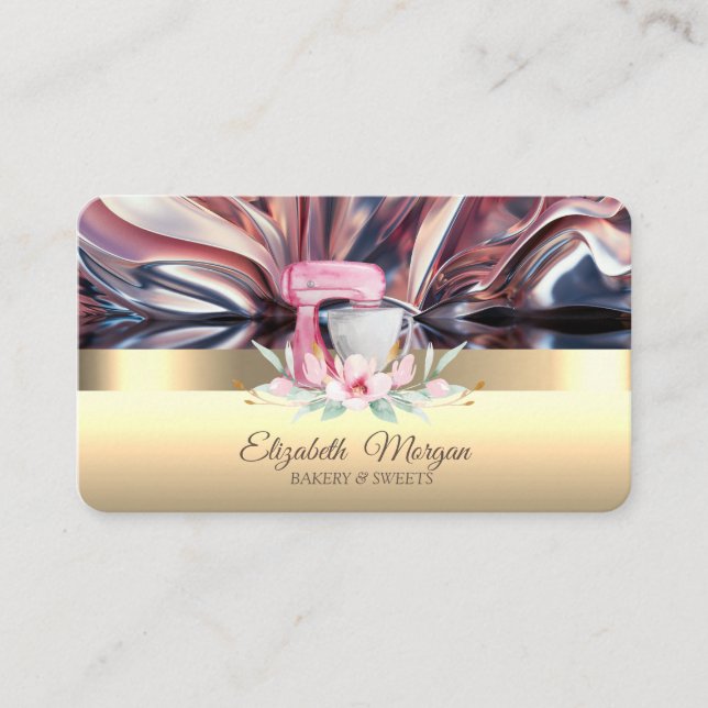 Elegant Cake Mixer Flower Bakery Gold Abstract Business Card (Front)