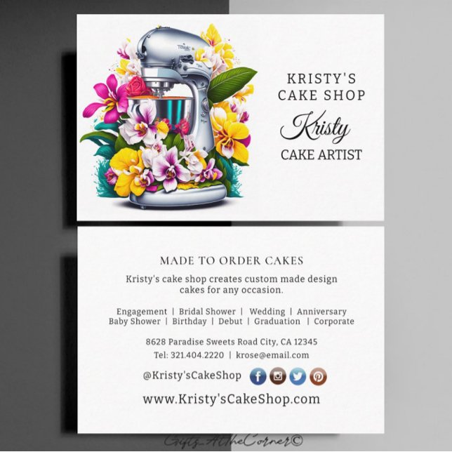 Elegant Cake Mixer Yellow Pink Orchids Bakery Business Card (Creator Uploaded)
