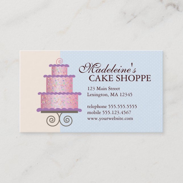 Elegant Cake on Blue Custom Bakery Business Card (Front)