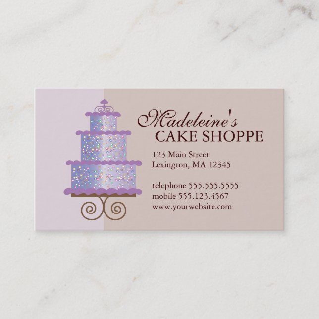 Elegant Cake on Tan Custom Bakery Business Card (Front)