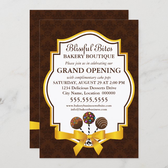 Elegant Cake Pops & Ribbon Damask Invitation (Front/Back)