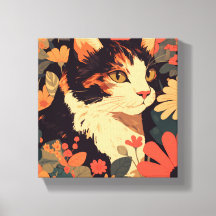 Elegant Calico Cat in Floral Garden Canvas Print