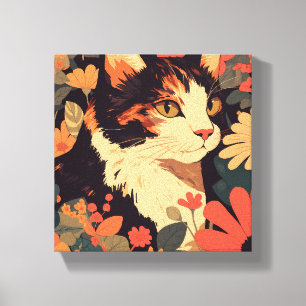 Elegant Calico Cat in Floral Garden Canvas Print